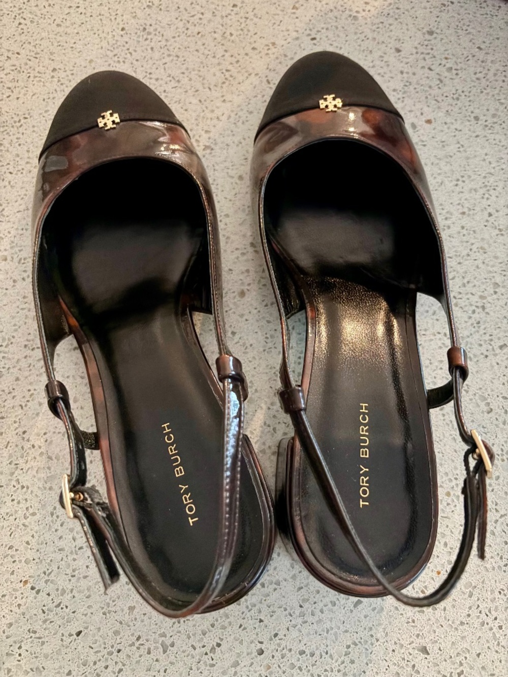 Tory Burch Cap-Toe Slingback Heels – Tortoise/Black – Size 9.5